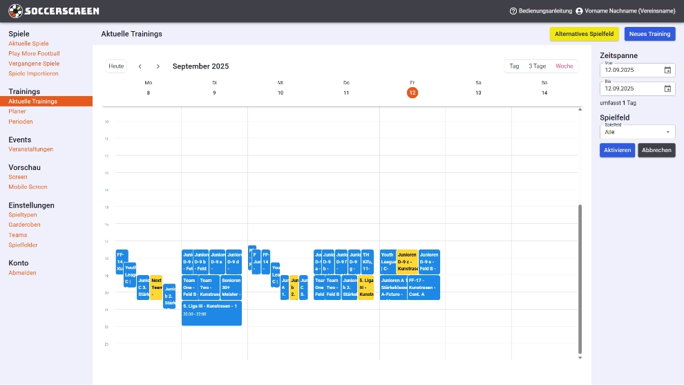 Soccerscreen Administration: Aktuelle Trainings