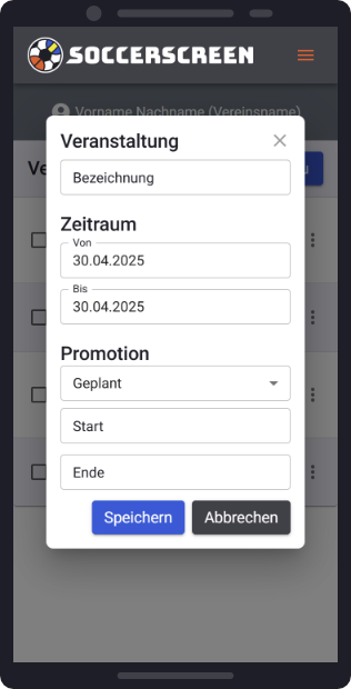 Soccerscreen Administration: Veranstaltungen